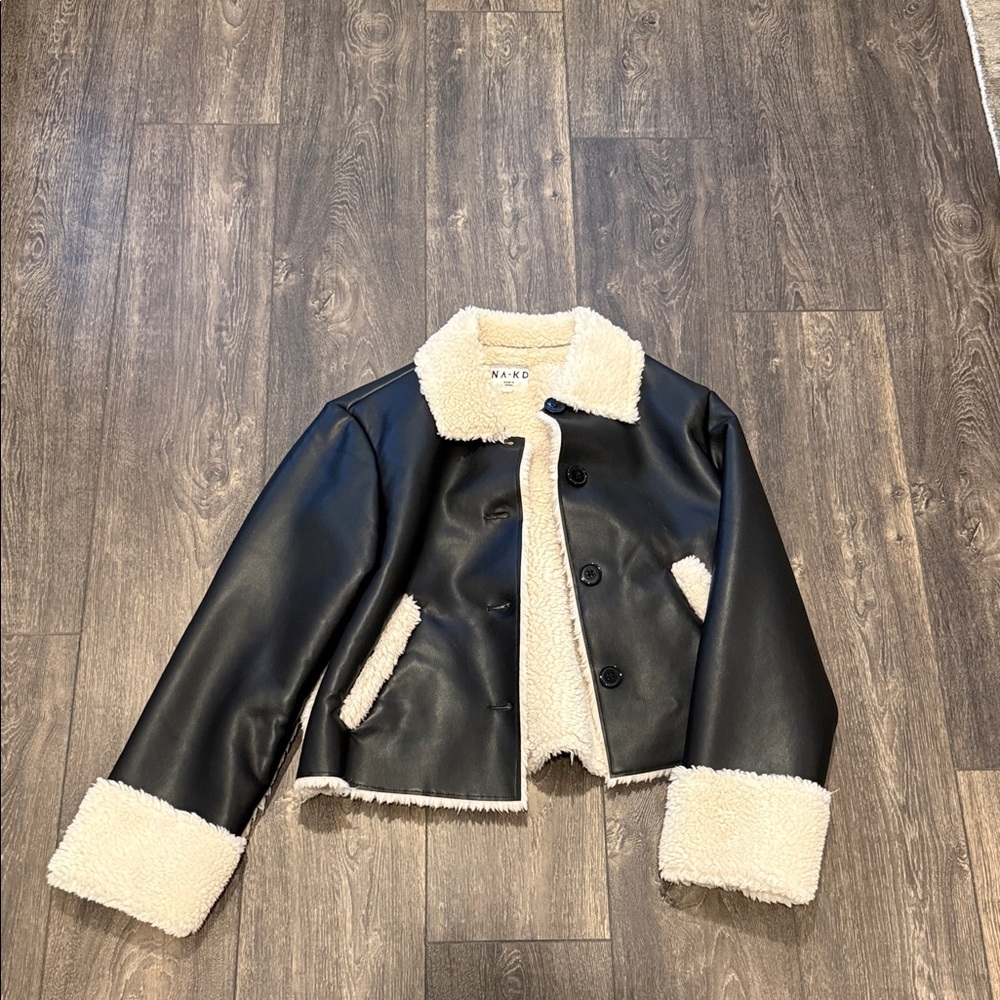 Women’s NA-KD Faux Leather Jacket W/ Sherpa Lining - Size 36 - Black Leather
